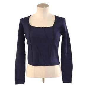 RIHOAS Womens Navy Blue Square Neck Scalloped Glitter Trim Knit Top Size M NWT